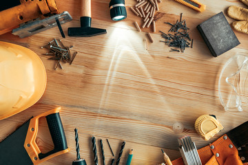 Carpenter woodwork workshop desk top view copy space