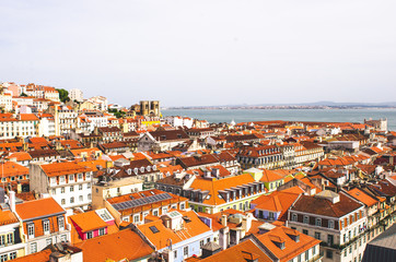 beautiful view to Lisbon city, architecture and red roofs