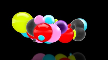 3D illustration of many colored balls in space, randomly distributed, on a black background, above the reflective surface. 3D rendering, abstraction. Surrealism, background.