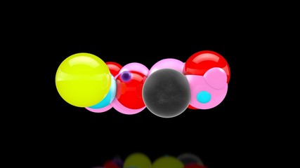 3D illustration of many colored balls in space, randomly distributed, on a black background, above the reflective surface. 3D rendering, abstraction. Surrealism, background.