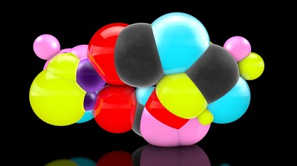 3D illustration of many colored balls in space, randomly distributed, on a black background, above the reflective surface. 3D rendering, abstraction. Surrealism, background.