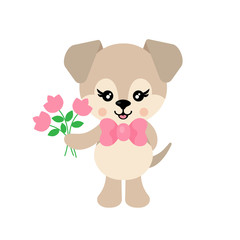 cartoon cute dog with bow and flowers