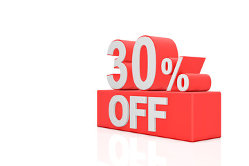 Thirty percent off. Sale banner. 3D rendering.