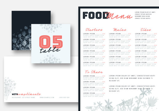 Dark Restaurant Stationery Set with Floral Illustrations