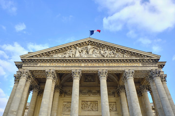 Naklejka premium Scenic view of catholic cathedral (Pantheon) in old touristic historic city Paris. Beautiful summer happy look of old christian temple in ancient capital of France