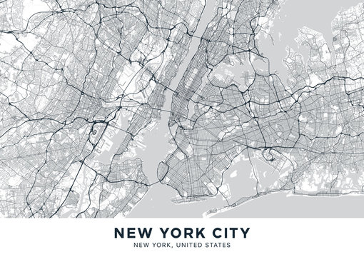 New York City (NYC, NY) map. Light poster with map of New York City (New York, United States). Highly detailed map of The "Big Apple" with water objects, roads, railways, etc. Printable poster.