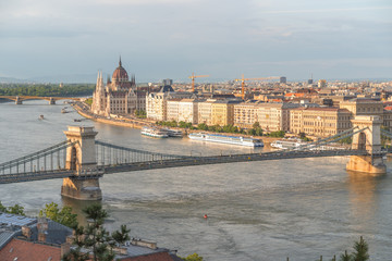 Obraz premium Aerial Danube panorama with a view of Hungarian Parliament building in central Budapest