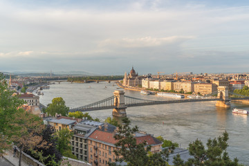 Fototapeta na wymiar Aerial Danube panorama with a view of Hungarian Parliament building in central Budapest