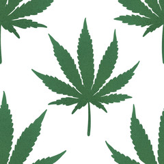 Seamless pattern with green cannabis leaves on white background.