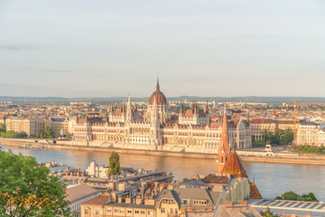 Fototapeta na wymiar Aerial Danube panorama with a view of Hungarian Parliament building in central Budapest