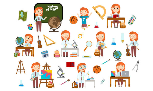 Red-haired girl with pigtails at school. Student in different lessons: science, history, sports, art, maths, English, information technology, music. Conducting experiments. Cute Vector Illustration