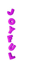 Vertical image of text JOYFUL spelled with vivid purple color alphabet shaped cookies on white background 