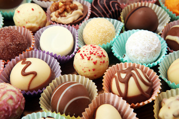 a lot of variety chocolate pralines, belgian confectionery gourmet chocolate praline.