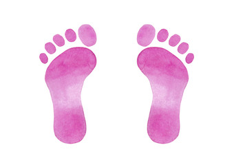 Watercolor hand drawn baby pink foot print isolated on white background