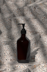 Abstract terrazzo cylinder pillar.Block bottle on minimal round podium stand background or wallpaper for product presentation. Fashion magazine illustration. 3d render illustration. - Illustration
