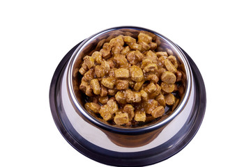 Canned food for cats or dogs in metal bowl isolated on white background