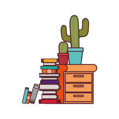 wooden drawer with stack of books in white background