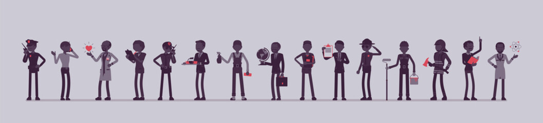 Different male professions and business. Working people, men in occupation standing together, employee union and career. Vector illustration with faceless characters, full length