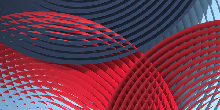 Cosmetic background for product presentation. Blue and red circular geometry with shadow of leaf. 3d rendering illustration. - Illustration