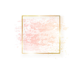 Gold square frame with pastel nude pink texture and shadow isolated on white background. Geometric rectangular shape border in golden foil for cosmetics, beauty, makeup template