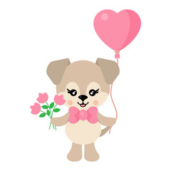 cartoon cute dog with bow and balloon and flowers