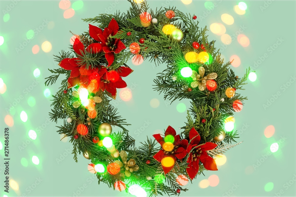 Poster Christmas frame wreath with evergreen fir tree and red and yellow berries isolated on white