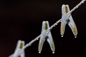Wet Pegs on a washing line isolated on a black background