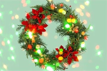 Fototapeta na wymiar Christmas frame wreath with evergreen fir tree and red and yellow berries isolated on white