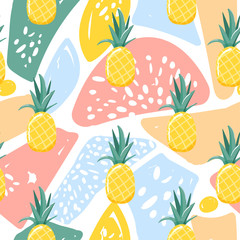 Modern seamless tropical summer pattern with pineapple and abstract elements. Creative contemporary collage. Texture for textile, postcard, wrapping paper, packaging etc. Vector.