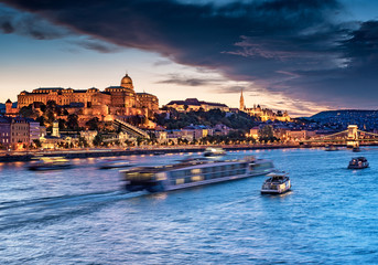 Colorful sunset over the Royal Castle in Budapest, Hungary