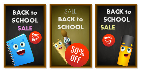 Sale flyers design with cute cartoon school supplies. Back to school posters set with notebook, ruler, paintbrush and felt pen. Vector illustration can be used for banners, ads, signs