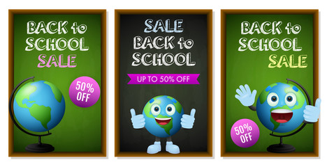 Sale flyers design with cute globe, chalkboard and fifty percent off stickers. Back to school posters set. Vector illustration can be used for banners, ads, signs