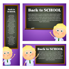 School boy pointing at blackboard. Set of back to school flyers design with text samples. Vector illustration can be used for posters, banners, ads, signs
