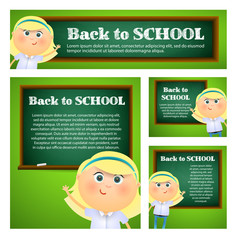 Student girl standing at blackboard. Set of back to school flyers design with text samples. Vector illustration can be used for posters, banners, ads, signs