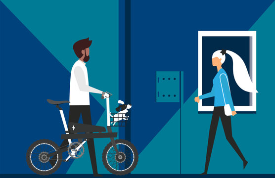 Cartoon picture with black man riding fast modern electric bicycle and walking the dog. Enjoying futuristic bike, electric scooter, electric bike, bicycle. Flat style vector illustration.