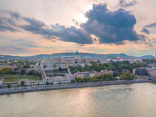 Aerial of Danube river panorama with a view on Buda castle and Chain Bridge in central Budapest
