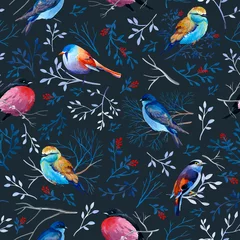 Zelfklevend Fotobehang Gouahe seamless pattern with bright birds on branches with leaves on dark background © Tasi Denisova