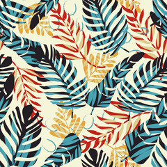 Bright seamless pattern with tropical leaves and plants on beige background. Vector design. Jungle print. Textiles and printing. Floral background.