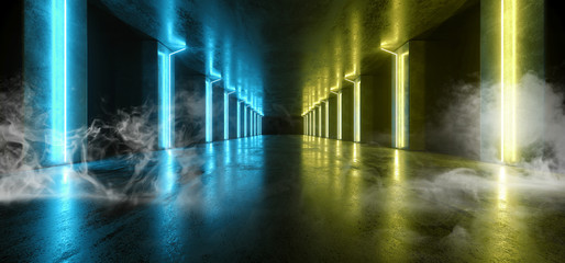 Fototapeta premium Smoke Future Neon Lights Glowing Green Blue Dark Sci Fi Futuristic TUnnel Corridor Hall Garage Underground Concrete Vibrant Spaceship Stage Studio Club 3D Rendering