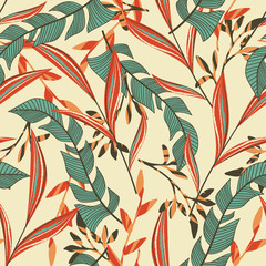 Summer bright seamless pattern with tropical leaves and plants on a yellow background. Vector design. Jungle print. Textiles and printing. Floral background.