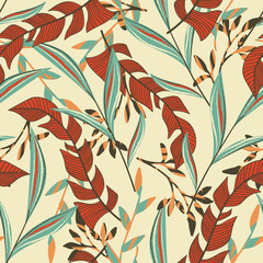 Summer bright seamless pattern with tropical leaves and plants on pastel background. Vector design. Jungle print. Textiles and printing. Floral background.