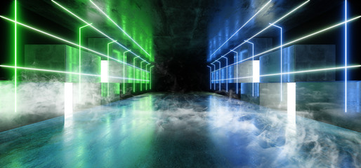 Smoke Future Neon Lights Glowing Green Blue Dark Sci Fi Futuristic TUnnel Corridor Hall Garage Underground Concrete Vibrant Spaceship Stage Studio Club 3D Rendering