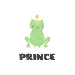 Vector scandinavian frog character illustration. Colorful childish green frog prince sit with a crown isolated on white background. Design for child goods decoration, print, web backdrops