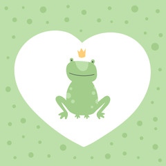 Vector scandinavian frog character illustration. Colorful childish green royal frog sit with a crown in heart shaped frame isolated on white. Design for child goods decoration, print, web backdrops