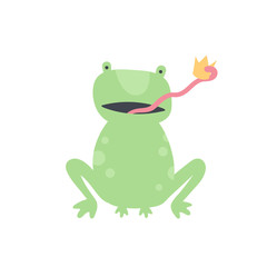 Vector scandinavian animal character illustration. Colorful childish funny frog catch crown by tongue isolated on white background. Design for child goods decoration, print, web backdrops