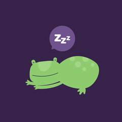 Vector scandinavian animal character illustration. Colorful childish cute dreamin frog sleeps and zzz text isolated on black background. Design for child goods decoration, print, web backdrops