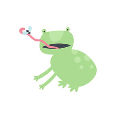 Vector scandinavian animal character illustration. Colorful childish cute jumping frog catch by tongue and eat fly isolated on white background. Design for child goods decoration, print, web backdrops