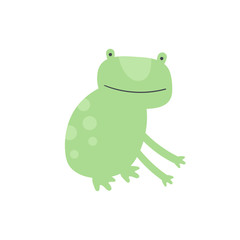 Vector scandinavian animal character illustration. Colorful childish funny green frog sit and waiting isolated on white background. Design for child goods decoration, print, web backdrops