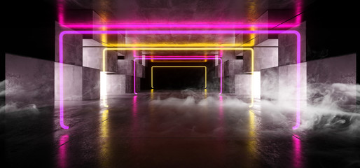 Smoke Future Neon Lights Glowing Purple Blue Orange Yellow Dark Sci Fi Futuristic TUnnel Corridor Hall Garage Underground Concrete Vibrant 3D Rendering