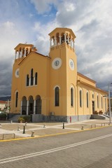 Fototapeta na wymiar Kalamata, Peloponnese, Greece: Orthodox church, located next to the sea South-east Europe.